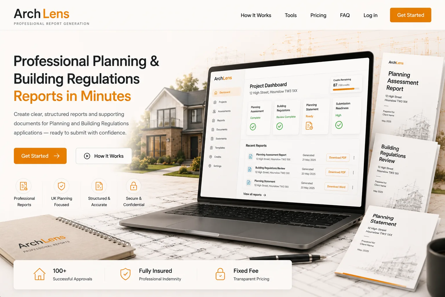 ArchLens AI dashboard showing planning assessment, Building Regulations review and planning statement reports