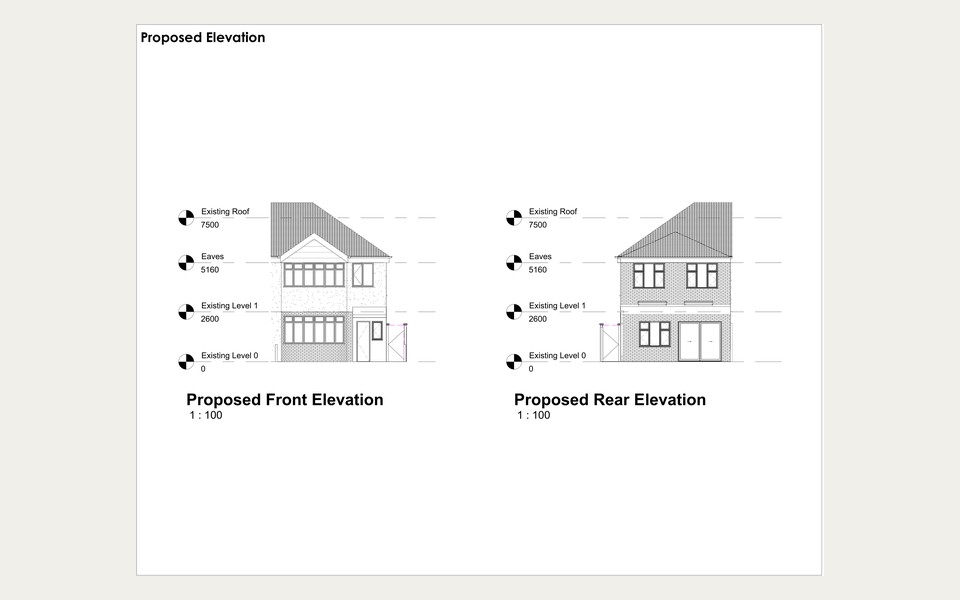 Proposed front and rear elevations for the rear extension at 110 Elmer Gardens, Isleworth
