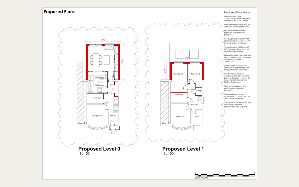 Proposed ground and first floor plans for the rear extension at 110 Elmer Gardens, Isleworth
