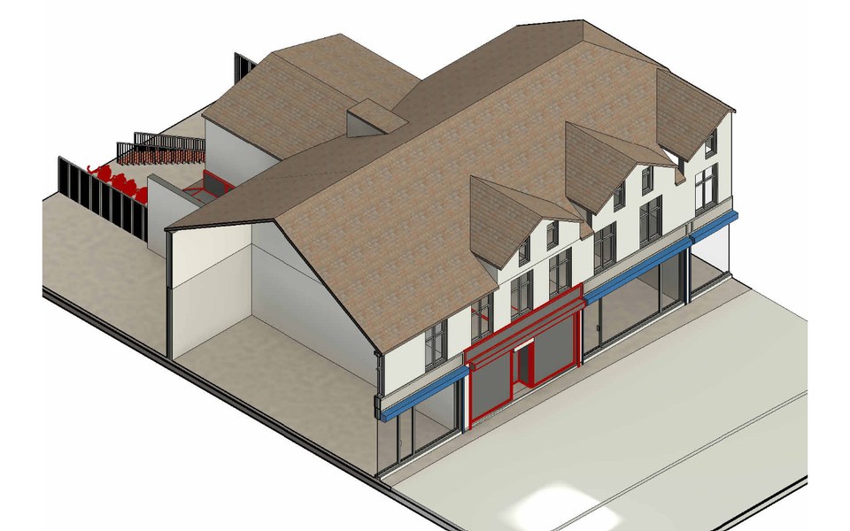 Isometric architectural render of the commercial conversion and shopfront alterations at 775 Harrow Road, Wembley