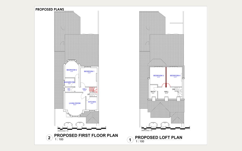 Approved first floor and loft plans for the Flat 2 maisonette at 143 Lampton Road, Hounslow