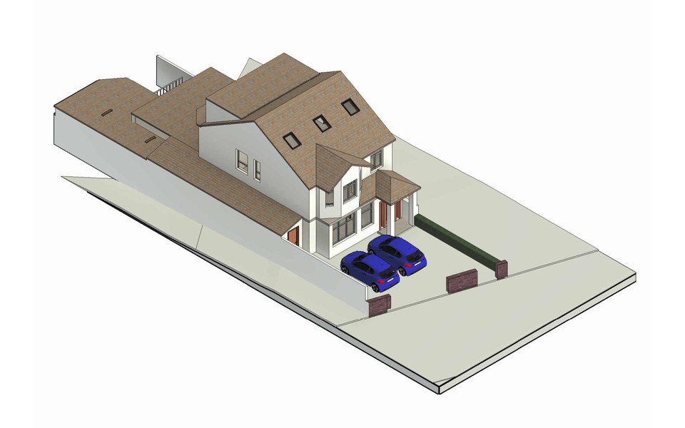 Isometric architectural render of the semi-detached house at 143 Lampton Road, Hounslow, converted into two self-contained flats