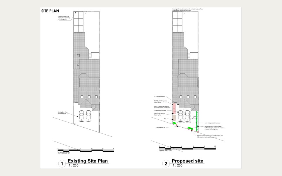 Existing and proposed site plans for the flat conversion at 143 Lampton Road, Hounslow, showing parking, cycle storage and landscaping