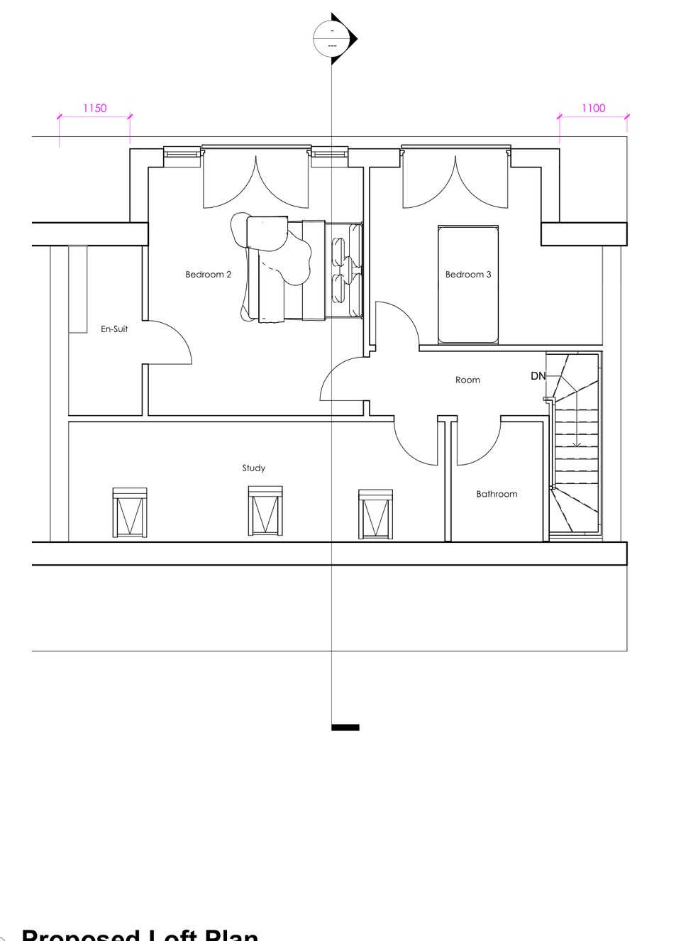 Proposed loft floor plan showing two new bedrooms, en-suite, study and bathroom at 136 Sutton Lane, Hounslow