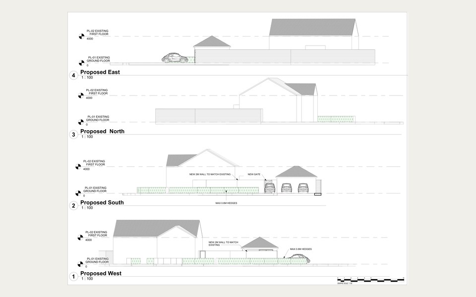 Proposed boundary elevations showing the new wall, gate and hedges at 102 The Thatchers, Bishop's Stortford
