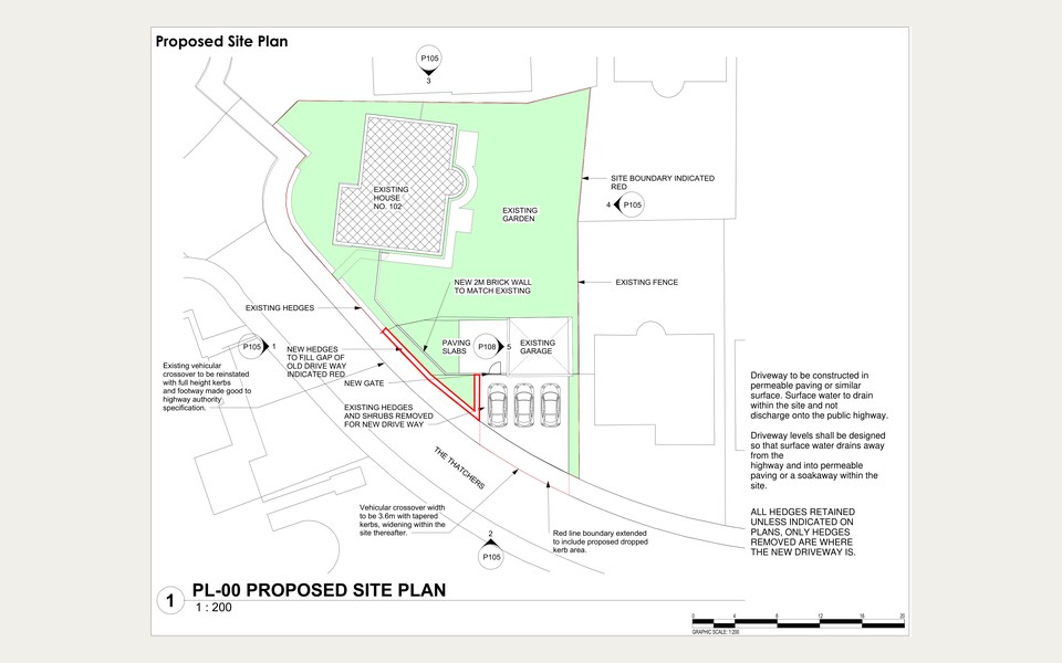 Proposed site plan showing the relocated driveway, new vehicular access and boundary wall at 102 The Thatchers, Bishop's Stortford