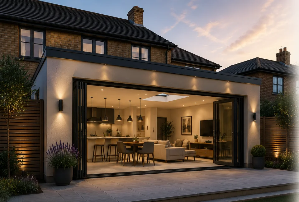Photorealistic CGI render of a rear extension at dusk with interior lighting