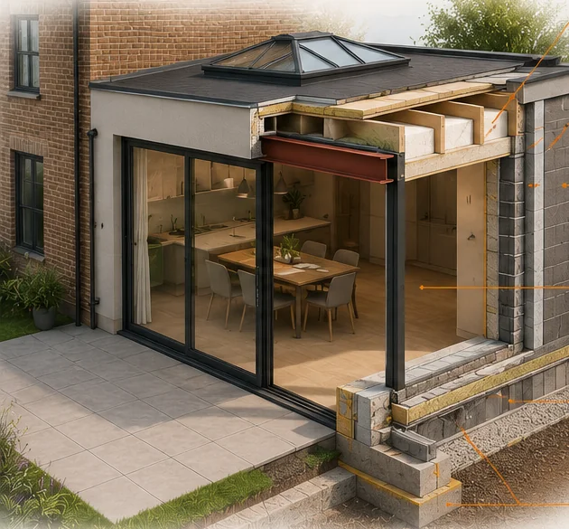 Illustrative cutaway render showing roof, wall and floor construction detail of a house extension