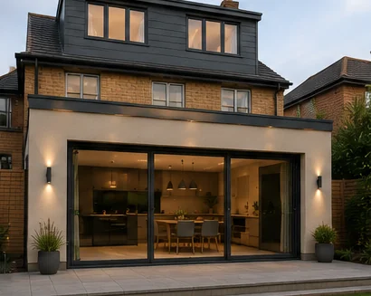 Illustrative render of a completed rear extension and dormer loft conversion at dusk