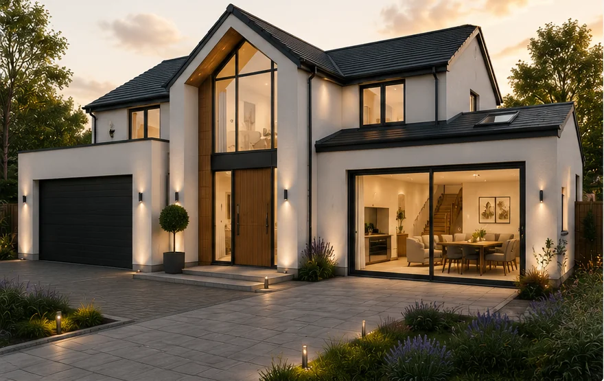 Illustrative render of a contemporary new-build detached house at dusk
