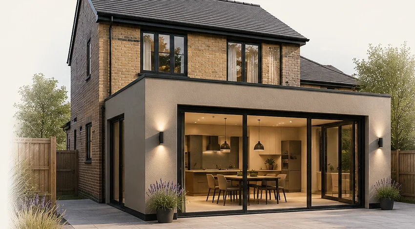 Illustrative render of a modern single-storey rear extension with bi-fold doors, approved under planning permission