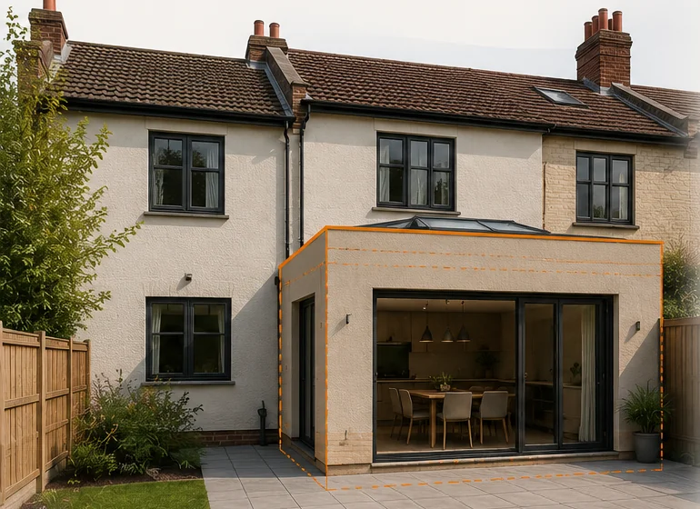 Illustrative render of a rear extension to a period terraced house, shown with a proposed outline under permitted development